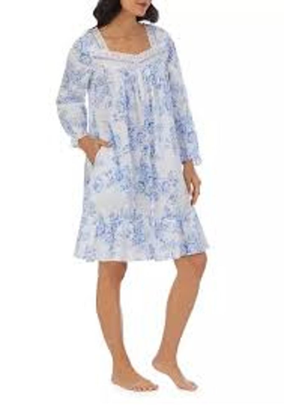 Eileen West Floral Long Sleeve Sweetheart Lace Trim Mini Sleepdress White Blue M
